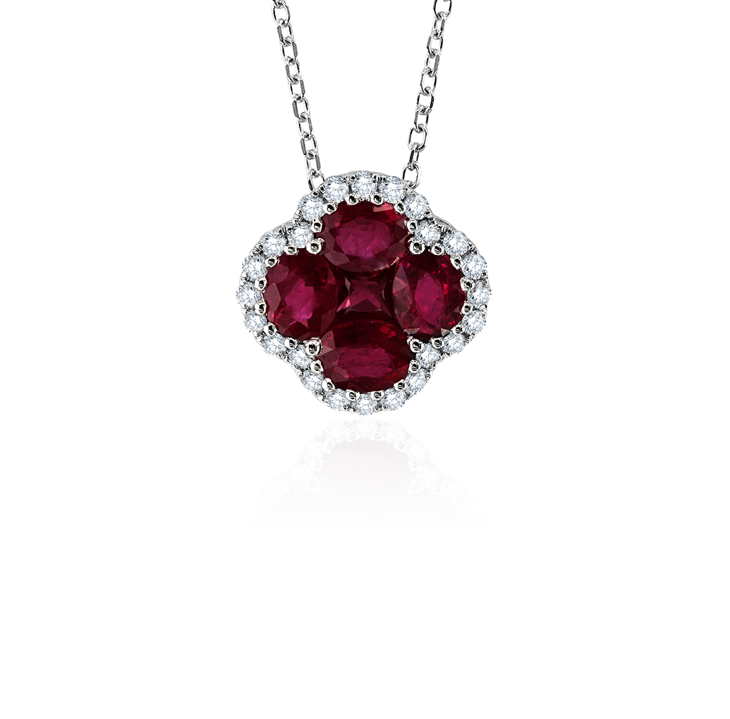 18K White Gold Ruby Clover Pendant with Diamond Halo